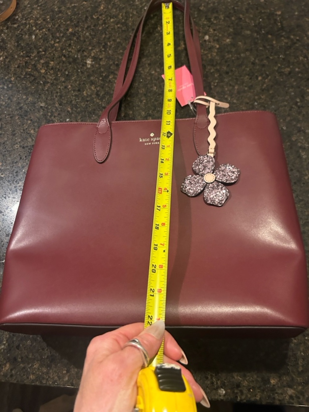 kate spade Burgundy Leather Tote with Floral Charm - Picture 7 of 9